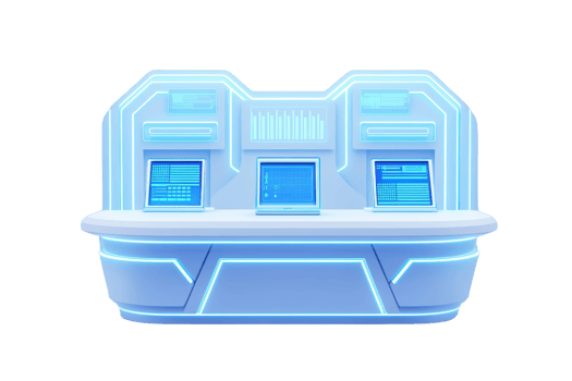 A futuristic console with glowing screens and a sleek design, featuring multiple display panels and illuminated accents. png