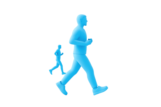 Two stylized figures in blue are depicted in motion, one walking briskly while the other jogs, showcasing dynamic movement. png