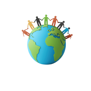 A colorful globe surrounded by diverse figures holding hands, symbolizing global unity and cooperation. png