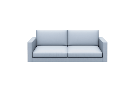 A contemporary light blue sofa featuring a minimalist design with two spacious cushions. png