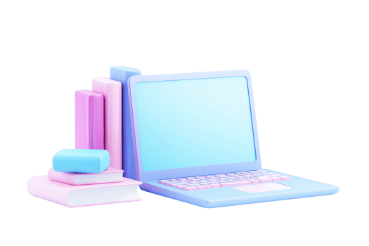 A pastel-colored laptop is positioned alongside stacked books and a bar of soap, creating a visually appealing study or workspace setup. png