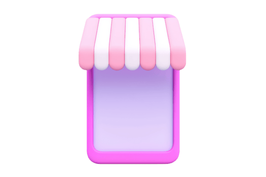 A charming shopfront with a pink awning and a simple rectangular shape, evoking a playful and inviting atmosphere. png