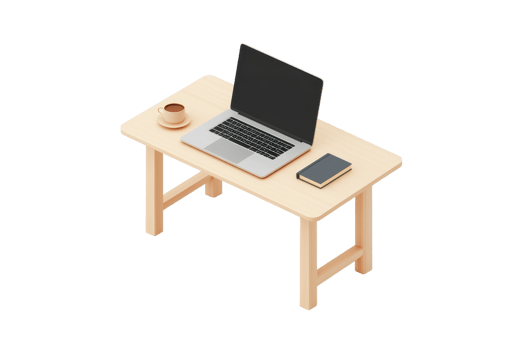 A minimalistic wooden desk featuring a laptop, smartphone, and a cup. png