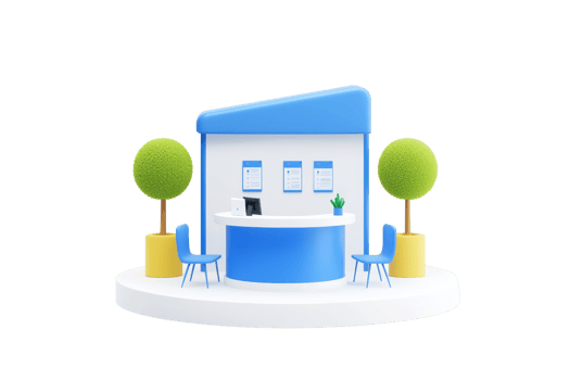 A modern reception desk surrounded by colorful chairs and decorative trees, creating a welcoming atmosphere. png