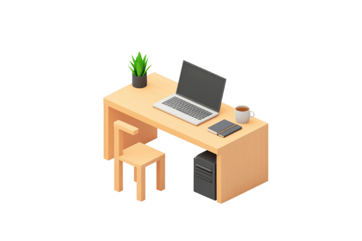 A modern desk setup featuring a laptop, notebook, plant, and coffee cup, designed for productivity and comfort. png