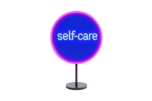 A glowing neon sign featuring the phrase self-care in vibrant blue, highlighted by a pink circular outline. png
