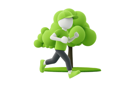 A stylized figure running energetically, dressed in green athletic wear, alongside a vibrant green tree. png