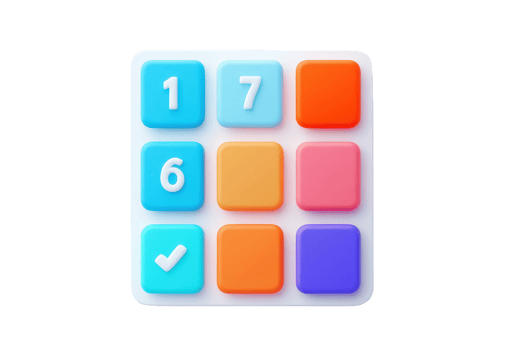 A colorful number pad featuring numbers 1, 6, and 7, along with several empty buttons and a checkmark symbol. png