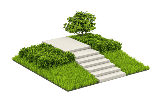 A landscaped area featuring stone steps leading to a platform surrounded by lush grass and vibrant greenery. png