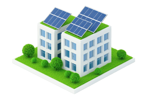 Two modern buildings featuring green roofs adorned with solar panels and surrounded by lush vegetation. png