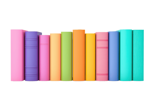 A vibrant collection of books in various colors, arranged neatly in a row. png
