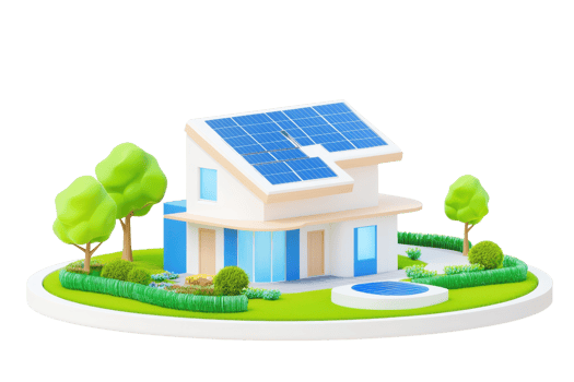 A modern house featuring solar panels on the roof, surrounded by trees and a small garden, portraying a sustainable living concept. png