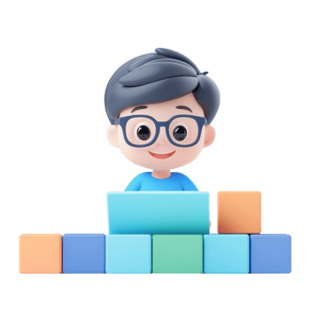 A cheerful cartoon character with glasses types on a laptop, surrounded by colorful building blocks. png