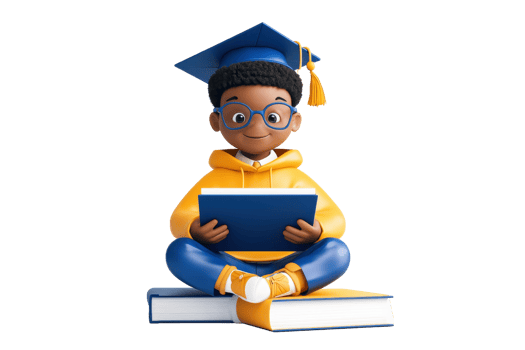 A young boy in a graduation cap and glasses sits on books, reading intently while wearing a bright yellow hoodie. png