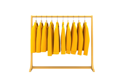 A rack displays a vibrant collection of yellow sweatshirts, showcasing their bright color and casual style. png