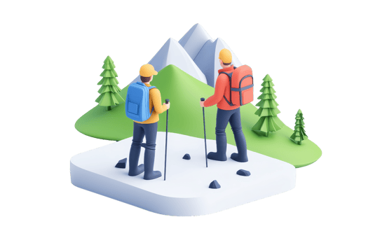 Two hikers in colorful gear stand on a snowy terrain, surrounded by mountains and trees, ready for an outdoor adventure. png