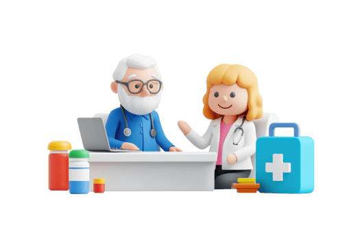 Two cartoon characters, a doctor and a patient, engage in conversation at a desk with medical supplies and a first aid kit. png