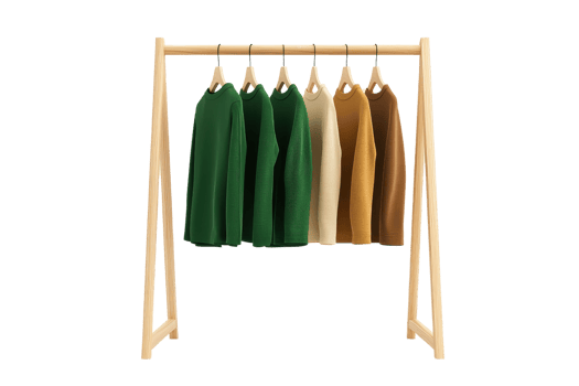A rack displays a collection of colorful sweaters in various shades, showcasing a blend of styles and textures. png
