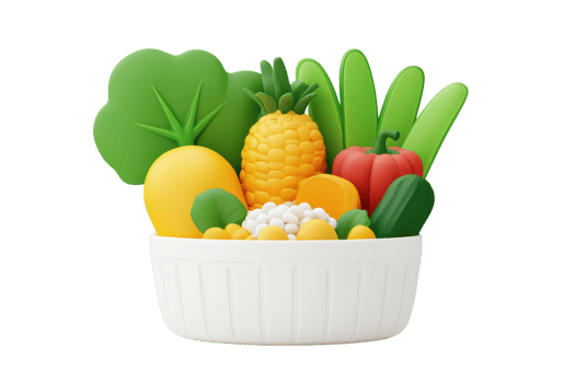 A colorful assortment of fruits and vegetables displayed in a white bowl, showcasing vibrant textures and shapes. png