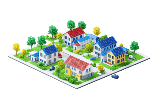 A vibrant, colorful miniature neighborhood featuring various houses, trees, and roads arranged in an appealing layout. png