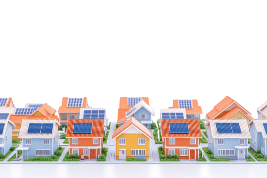 A row of colorful model houses featuring solar panels, representing sustainable living and eco friendly architecture against a transparent background. png