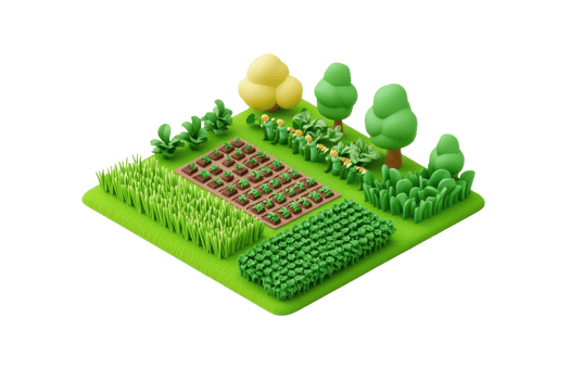 A colorful, stylized garden featuring rows of crops, trees, and bushes, all rendered in a playful, cartoonish style. png