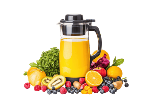 A vibrant pitcher filled with orange juice, surrounded by an assortment of fresh fruits and leafy greens. png