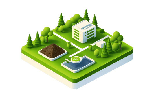 A stylized, isometric representation of a modern urban landscape featuring buildings, trees, and landscaped areas. png