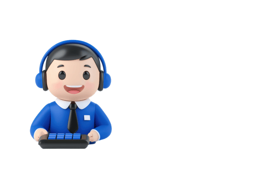 A cheerful cartoon character wearing headphones and a blue shirt, engaged with a keyboard. png