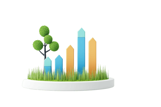 A modern, stylized representation of colorful bar graphs and a small tree, set on a green lawn. png