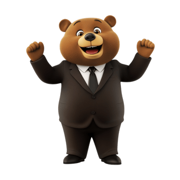 Cheerful cartoon brown bear in business suit celebrating with transparent background png