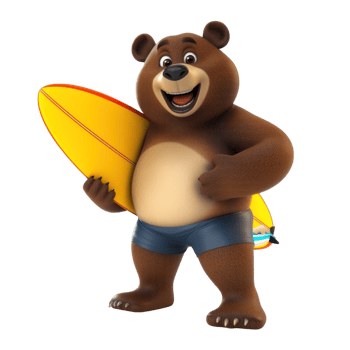 Cheerful cartoon brown bear holding a surfboard on transparent background png