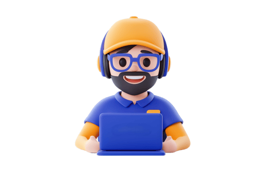 A cheerful character with glasses and headphones, sitting at a blue laptop, wearing an orange cap and a blue shirt. png