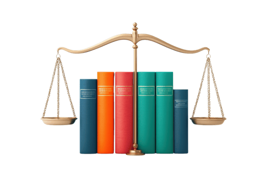 A balanced scale placed in front of a collection of colorful law books. png