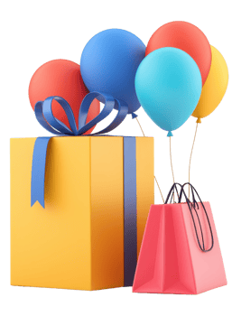 A vibrant yellow gift box with a ribbon, accompanied by colorful balloons and a pink shopping bag. png