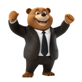 Cartoon brown bear in a business suit cheering with a joyful expression on a transparent background png