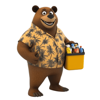 Cartoon brown bear wearing Hawaiian shirt with cooler bag and drinks on a transparent background png
