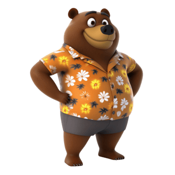 Cartoon brown bear wearing a Hawaiian shirt with floral patterns on a transparent background png