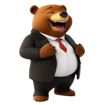 Laughing cartoon brown bear in a business suit on a transparent background png