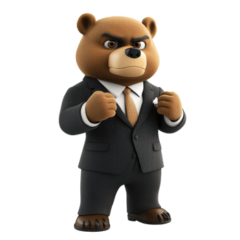 Cartoon brown bear in a business suit with transparent background looking determined and confident png