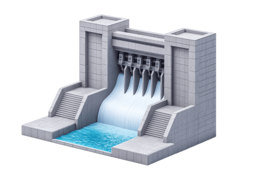 A modern dam structure with flowing water, featuring steps and multiple outlets for water release. png