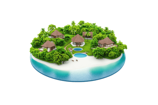 A tropical island resort featuring multiple villas, pools, and lush greenery, surrounded by sandy beaches and clear water. png
