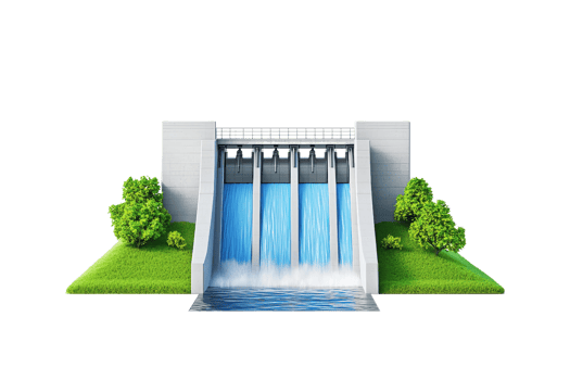 A modern dam structure with water flowing from multiple gates, flanked by greenery and a grassy area. png