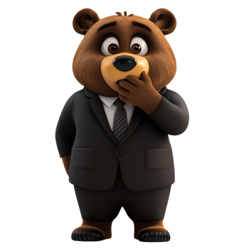 Cartoon brown bear in a business suit standing wide-eyed, with hand on mouth, on a transparent background png