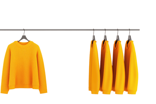A vibrant yellow sweater is displayed alongside four matching long-sleeve garments hanging on a rack. png