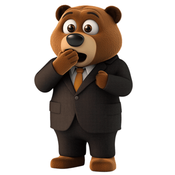 Cartoon brown bear in a business suit with wide-eyed expression and hand over mouth on a transparent background png