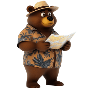 Cartoon brown bear holding a map, dressed in a tropical shirt and hat, on a transparent background illustrating travel and adventure png