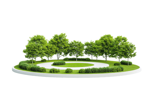 A circular arrangement of vibrant green trees and shrubs, creating a lush, natural landscape. png