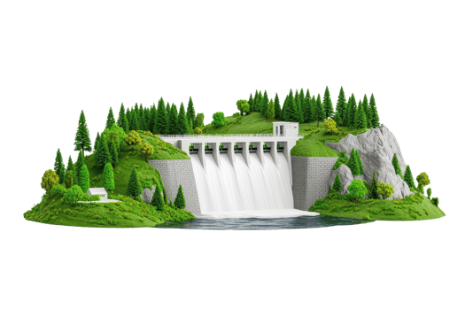 A miniature dam model surrounded by lush greenery and flowing water, showcasing detailed landscaping and natural features. png