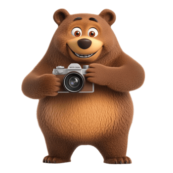 Friendly cartoon brown bear holding a camera with a transparent background png